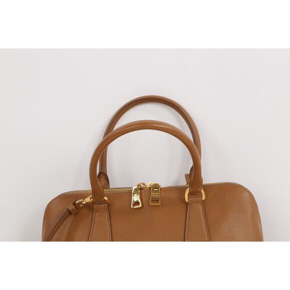 Prada Saffiano Lux Promenade Tan Brown Leather Double Zip Medium Satchel Bag - Picture 7 of 16